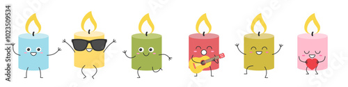 Colors candle character cartoon set greet jump love run sing smile happy joy cute vector illustration.
