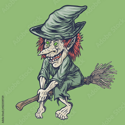 vector premium fantasy old witch flying on a broomstick drawing cartoon line art photo