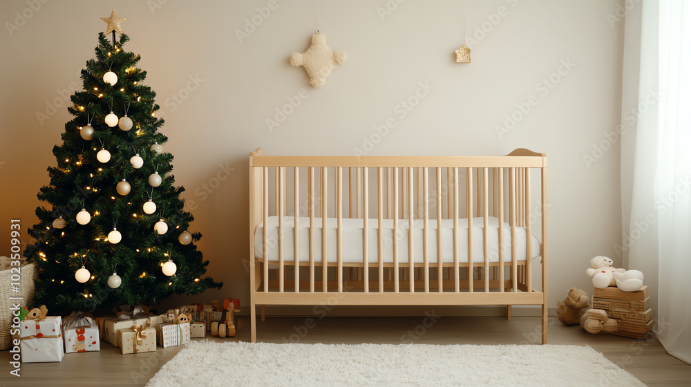 Cozy nursery with a wooden crib next to a decorated Christmas tree, perfect for holiday celebrations and family gatherings in a warm, inviting atmosphere. Cozy nursery with a wooden crib next to a decorated Christmas tree, perfect for holiday celebrations and family gatherings in a warm, inviting atmosphere.