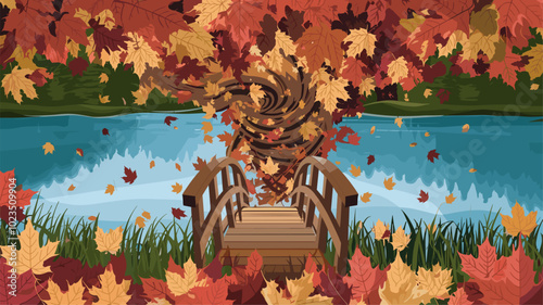 Bridge disappearing into swirling vortex of autumn leaves.