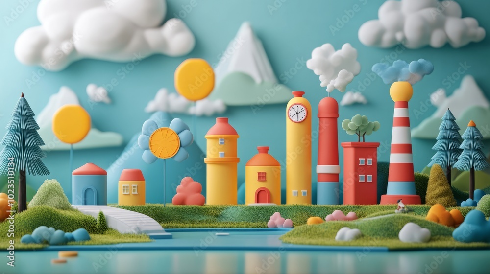 A colorful, whimsical landscape with playful buildings, trees, and clouds by a serene lake. A colorful, whimsical landscape with playful buildings, trees, and clouds by a serene lake.