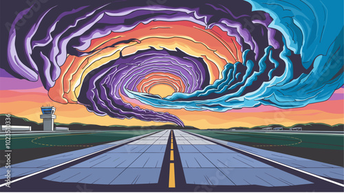 Runway disappearing into swirling vortex of clouds and colors.