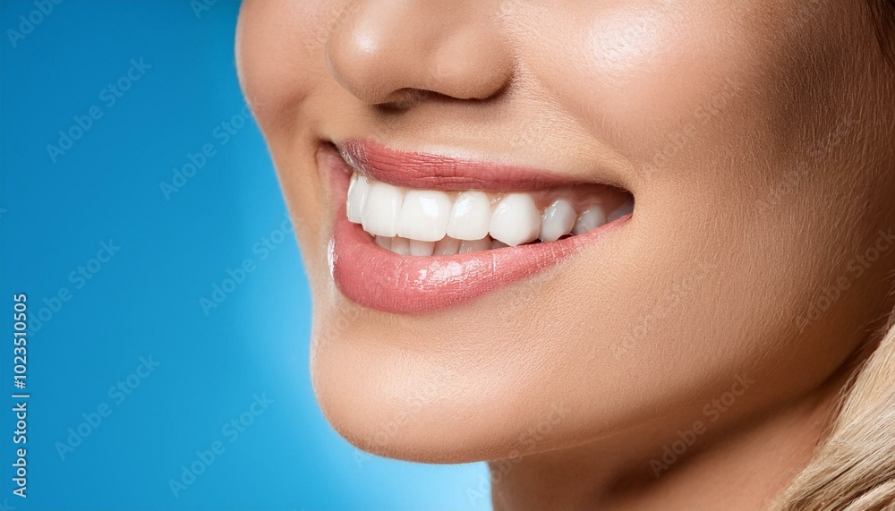 Fototapeta premium Beautiful smile of young woman with healthy white teeth and blue backgorund