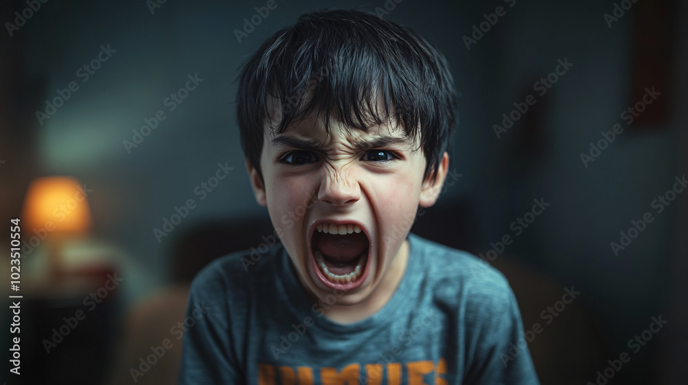 A young child with short black hair screams with a fierce expression in a dimly lit room, evoking a sense of urgency and emotion. It depicts an upset and stressed child with bad behavior and... A young child with short black hair screams with a fierce expression in a dimly lit room, evoking a sense of urgency and emotion. It depicts an upset and stressed child with bad behavior and...