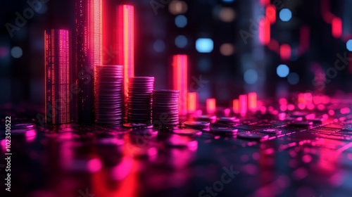 A digital representation of financial growth with coins and glowing bars.