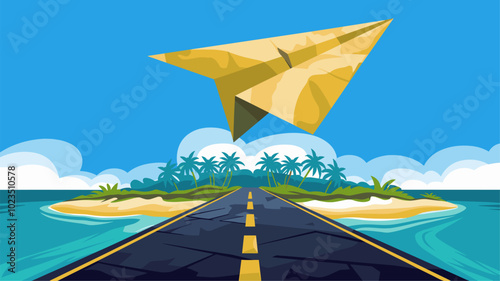 Paper airplane soaring above island runway, symbolizing freedom of travel.