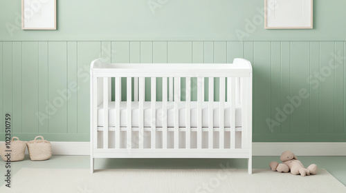 Elegant white crib in a serene green nursery, featuring soft decor and an inviting atmosphere, perfect for a baby's peaceful sleep.