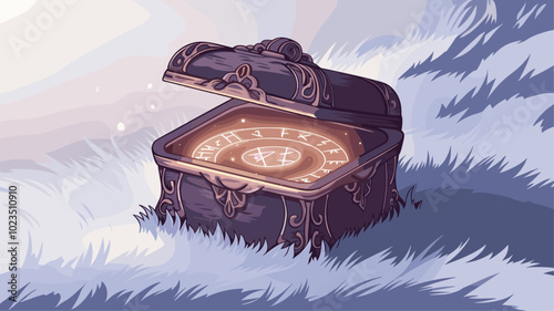 Ornate wooden box with glowing runes, emitting ethereal light.