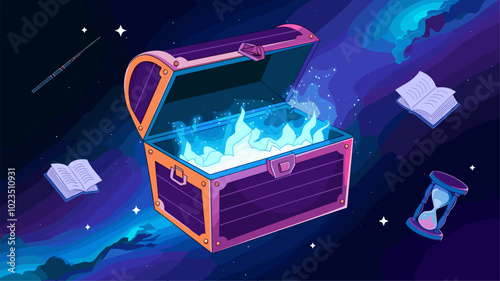 Treasure chest overflowing with magical energy in space.