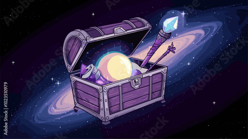 Treasure chest overflowing with magical energy in space.