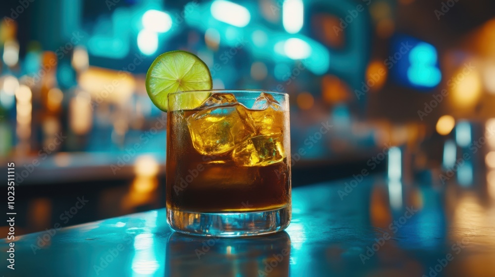 Cocktail drink, close-up of cocktail with lime garnish, vibrant bar atmosphere Cocktail drink, close-up of cocktail with lime garnish, vibrant bar atmosphere