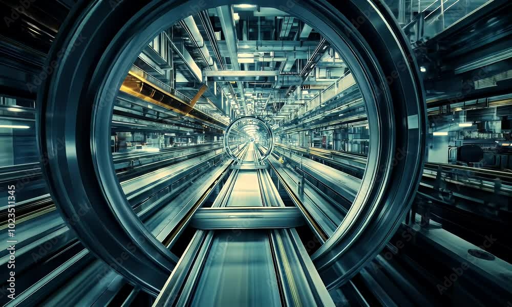 A futuristic industrial scene showcasing a high-tech environment with dynamic movement.