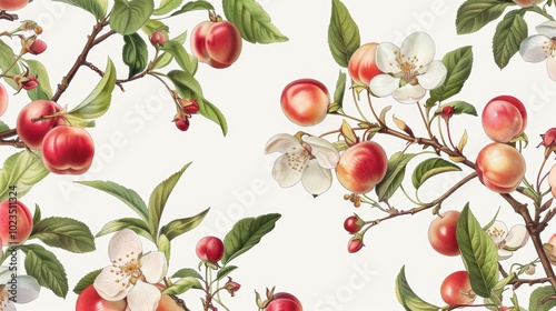 Blooming Beauty Vibrant Nectarine Trees in Botanical Illustration for Gardening Inspiration