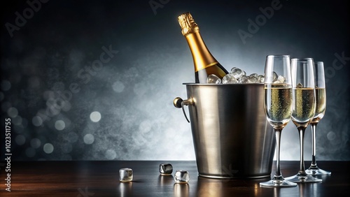 Image of champagne bottle and flutes in symmetrical arrangement on ice bucket photo