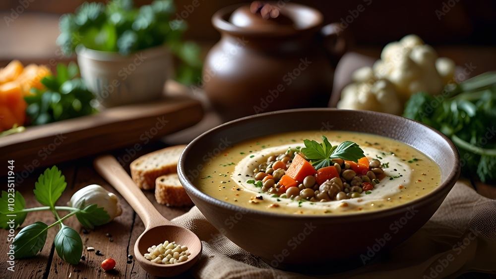 Creamy Cauliflower and Lentil Soup with Vegetables in a Rustic Bowl. Cozy Meal for Cold Days, Featuring Fresh Herbs and a Hearty, Comforting Taste . Creamy Cauliflower and Lentil Soup with Vegetables in a Rustic Bowl. Cozy Meal for Cold Days, Featuring Fresh Herbs and a Hearty, Comforting Taste .