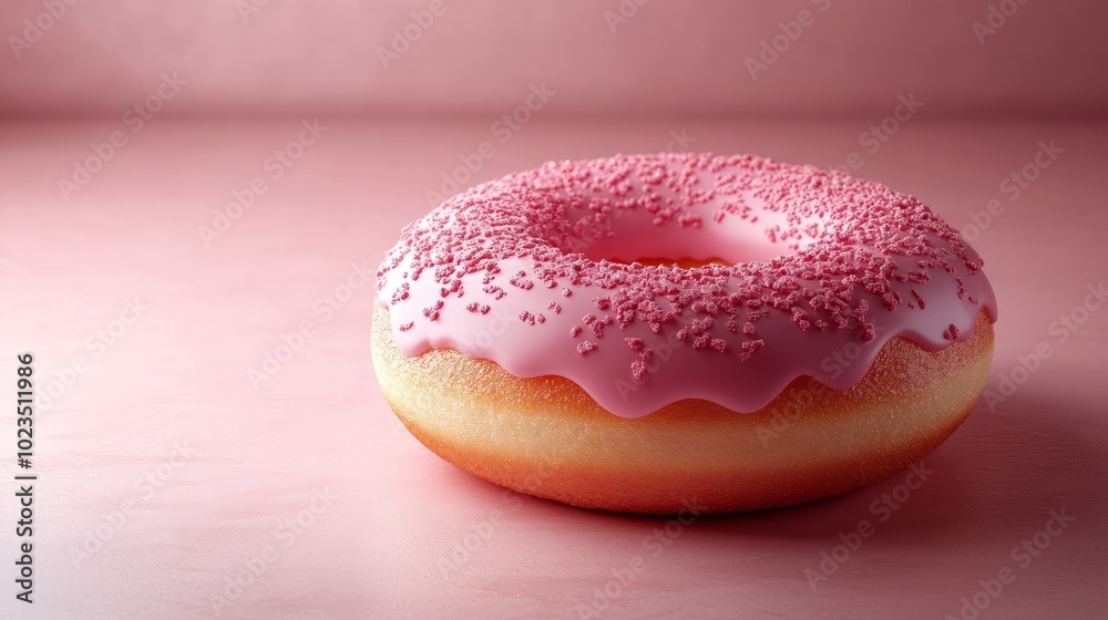 A pink-frosted donut with sprinkles on a soft pink background, appealing and sweet. A pink-frosted donut with sprinkles on a soft pink background, appealing and sweet.