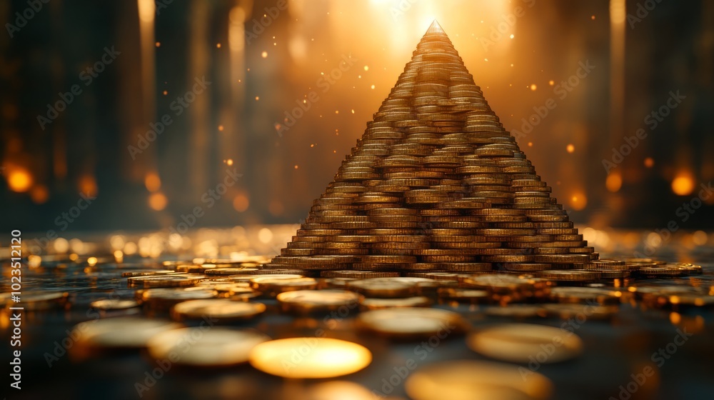 Obraz premium A pyramid of coins surrounded by scattered coins, illuminated by a warm glow.