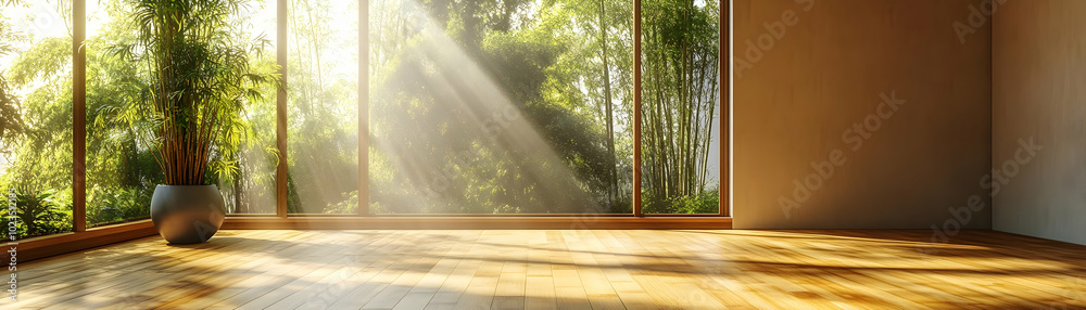 Serene Yoga Studio with Bamboo Flooring: Tranquil Space for Wellness and Classes - Ideal Minimalist Design in Photo Stock Concept Serene Yoga Studio with Bamboo Flooring: Tranquil Space for Wellness and Classes - Ideal Minimalist Design in Photo Stock Concept
