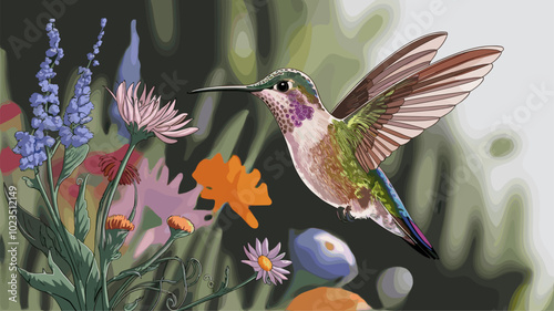 Hummingbird hovering near wildflowers, creating dynamic bokeh effect.