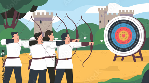 Group of archers practicing in medieval archery range.