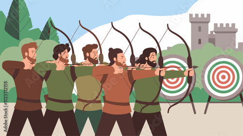 Group of archers practicing in medieval archery range.