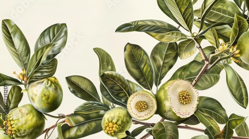 Feijoa Fantasia Exquisite Botanical Illustration of Trees Flowers and Fruits in Vibrant Detail Perfect for Botanical Art Enthusiasts