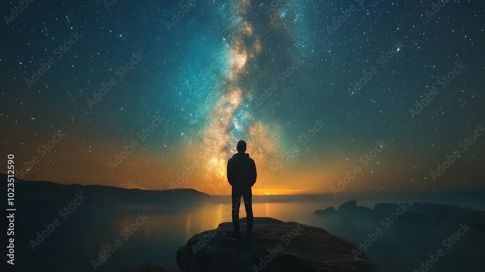 A lone figure stands on a clifftop, silhouetted against the breathtaking backdrop of the Milky Way galaxy, its ethereal glow illuminating the night sky. A lone figure stands on a clifftop, silhouetted against the breathtaking backdrop of the Milky Way galaxy, its ethereal glow illuminating the night sky.
