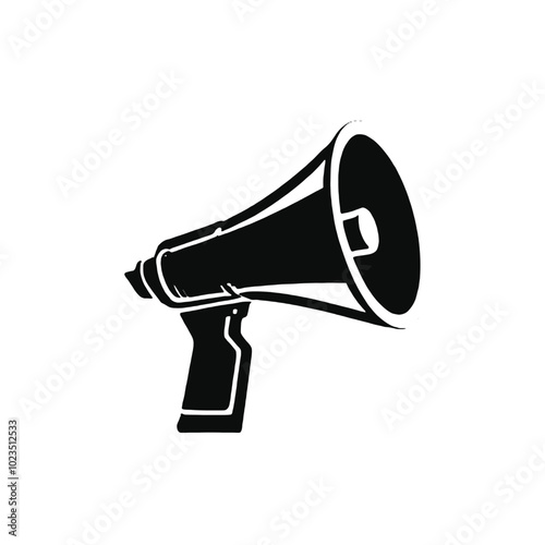 A black and white illustration of a megaphone or bullhorn with a sun-like symbol on the speaker 