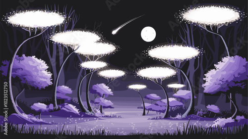 Mystical forest with full moon and shooting star.