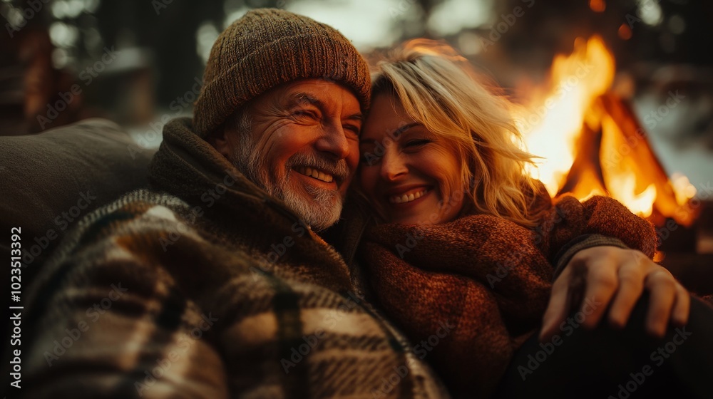 couple cuddling on a sofa watching a campfire, laughing together couple cuddling on a sofa watching a campfire, laughing together