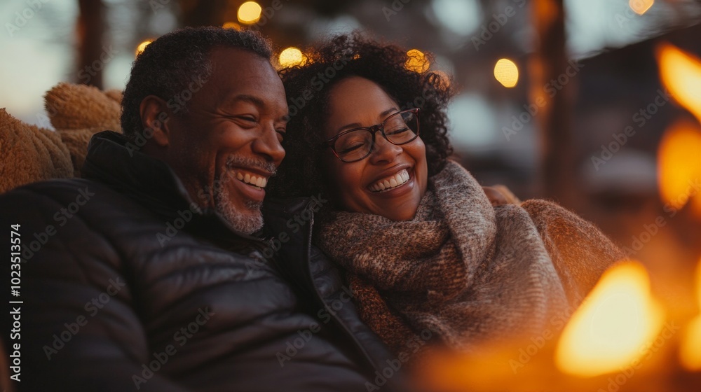 couple cuddling on a sofa watching a campfire, laughing together