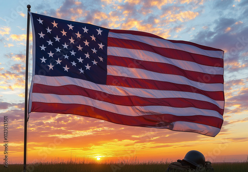 The American flag on the sunset background: A symbol of pride and patriotism. It is suitable for Veterans Day, and materials emphasizing the importance of national pride and respect for service.