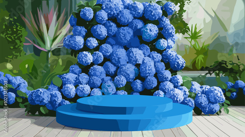 A vibrant blue podium adorned with a cascading waterfall of blue hydrangeas in a botanical garden.