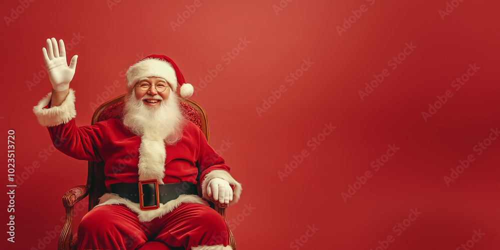 Smiling Santa Claus waving in a festive red suit, sitting in a chair against a bright pastel background, spreading holiday cheer and Christmas spirit Smiling Santa Claus waving in a festive red suit, sitting in a chair against a bright pastel background, spreading holiday cheer and Christmas spirit