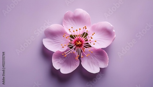 Close-up of Delicate Cherry Pink Flower Blossom with Soft Petals and Vibrant Stamens Against a Pastel Purple Background