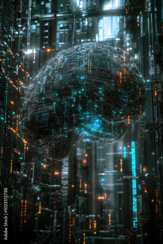 Suspended dark digital brain with circuits in a futuristic facility photo