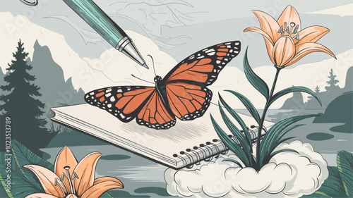 Surreal vision of notebook morphing into butterfly, pen into flower stem, and lilies blooming on cloud.