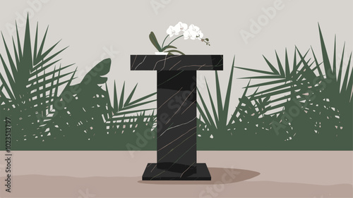 Sleek black marble podium with orchid and blurred tropical plant silhouette.