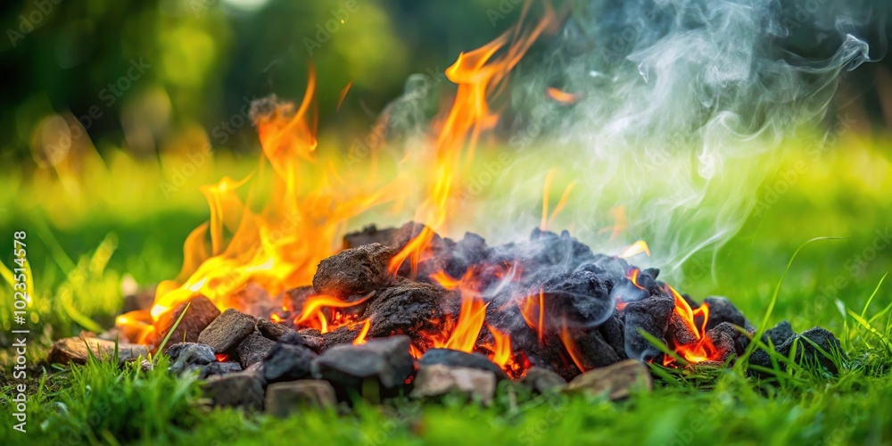 Image of silhouette smoldering coals from a fire on grass Image of silhouette smoldering coals from a fire on grass