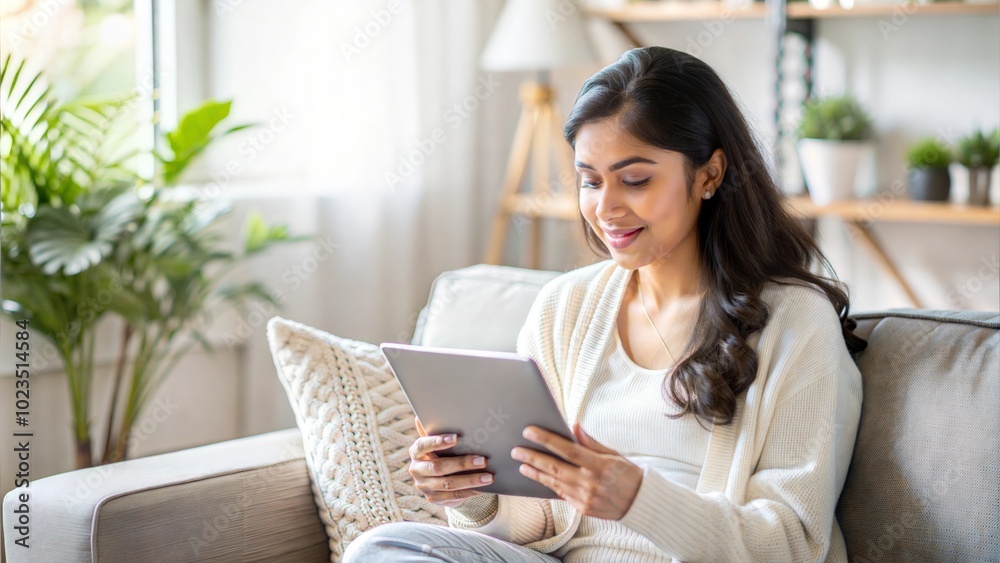 india female using tablet sitting and relaxing Cozy Minimalist Living Room with Natural Elements india female using tablet sitting and relaxing Cozy Minimalist Living Room with Natural Elements