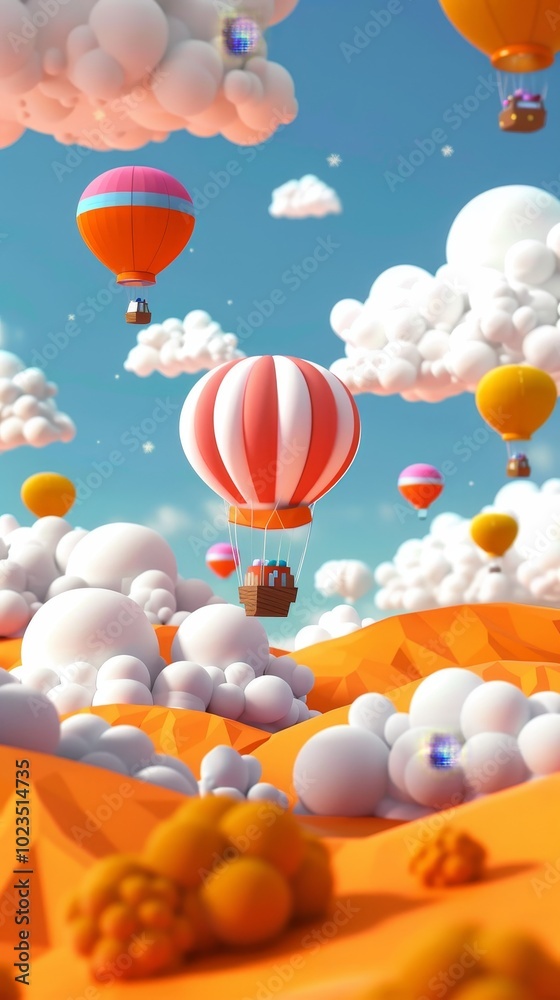 Colorful hot air balloons soaring over vibrant cloudscapes and rolling hills.Concept of Makar sankranti Colorful hot air balloons soaring over vibrant cloudscapes and rolling hills.Concept of Makar sankranti