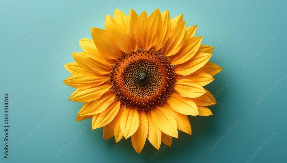 Obraz premium Vibrant Close-Up of a Sunflower in Full Bloom Against a Bright Cyan Background Highlighting Its Rich Petals and Geometric Center Pattern