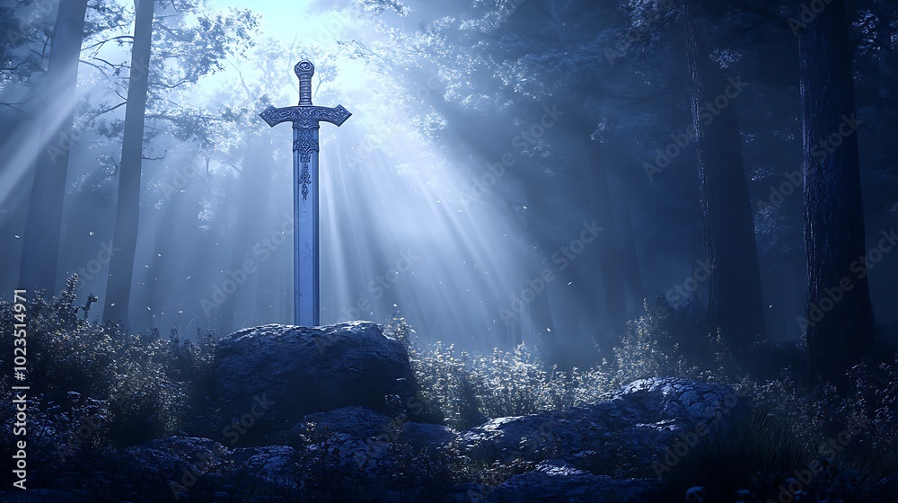 Naklejka premium A mystical sword stands amidst a foggy forest, illuminated by soft rays of light.