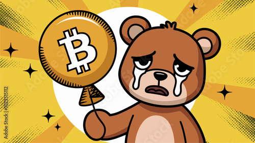 A pop art-inspired banner with a playful yet melancholic tone, featuring a crying cartoon bear and a deflated Bitcoin balloon.