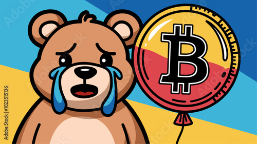A pop art-inspired banner with a playful yet melancholic tone, featuring a crying cartoon bear and a deflated Bitcoin balloon.