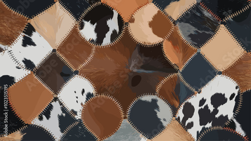 Patchwork quilt-inspired pattern with cowhide patches and colorful stitching.