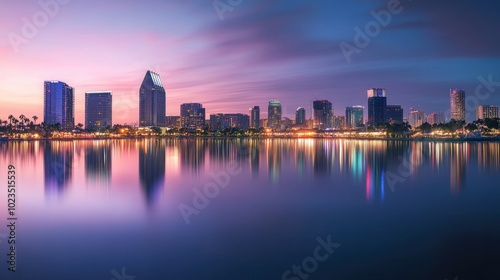 Cityscape Reflected in Still Water at Twilight