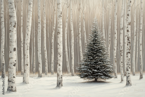 a lone decorated Christmas Tree among silver birch forest, snow on ground,