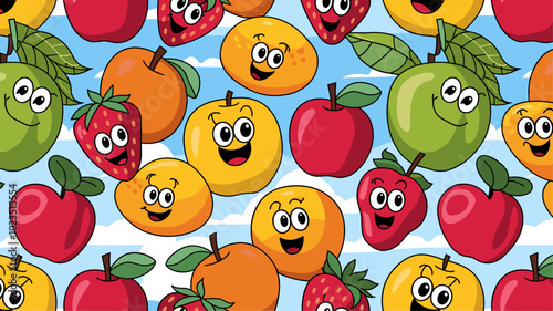 A seamless pattern of cheerful cartoon fruits, perfect for adding a playful touch to a baby room.