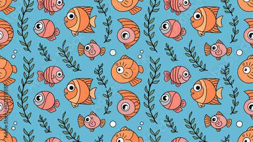 Seamless pattern with cute cartoon fish and seaweed on pastel blue background.